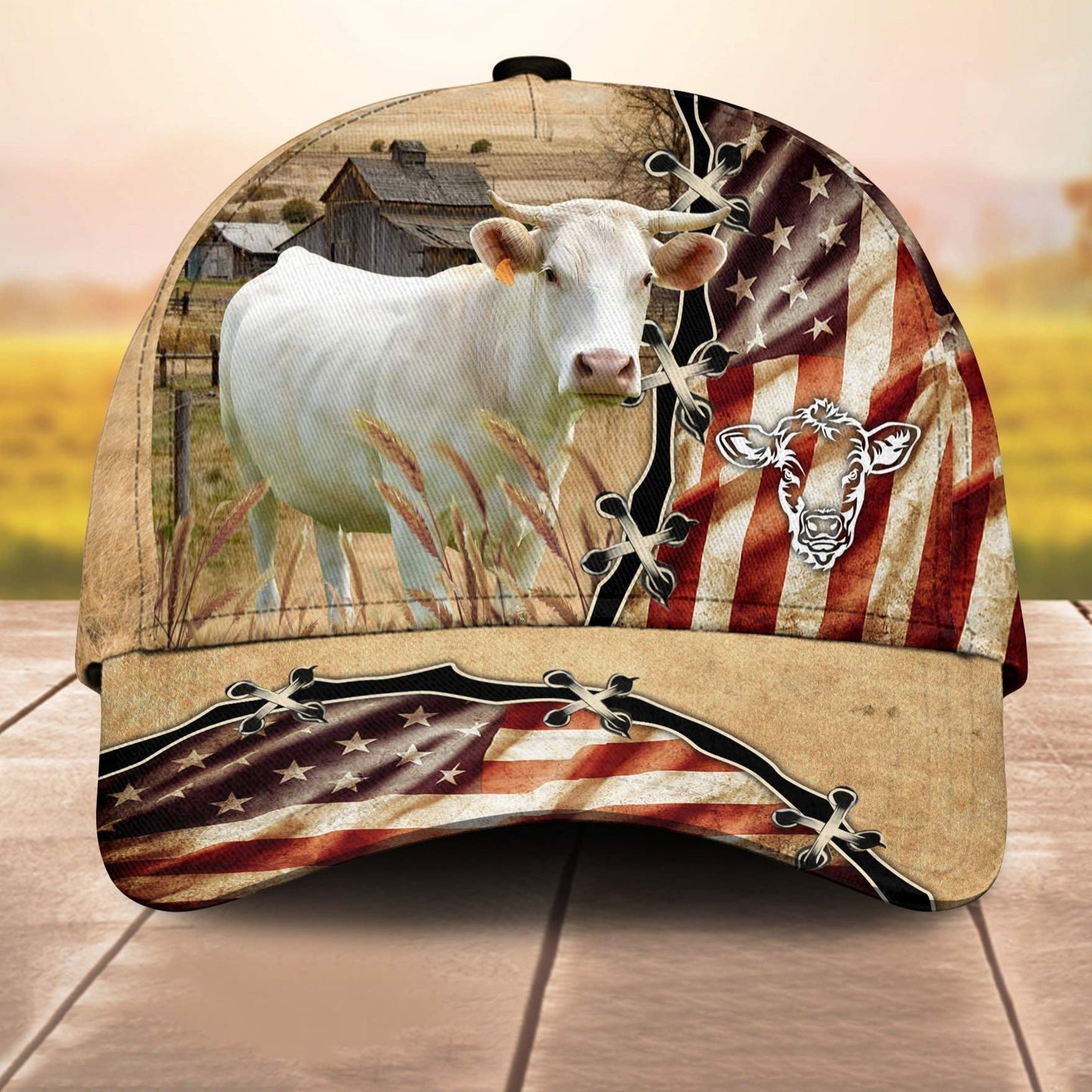 Charolais American Flag Custom Name Retro 3D Cap 3D All Over Print Baseball Cap, Cap For Farm Lovers, Animal Cap, Leather Pattern Cap CA3065