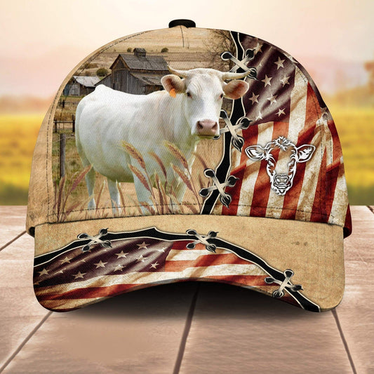 Charolais American Flag Custom Name Retro 3D Cap 3D All Over Print Baseball Cap, Cap For Farm Lovers, Animal Cap, Leather Pattern Cap CA3065