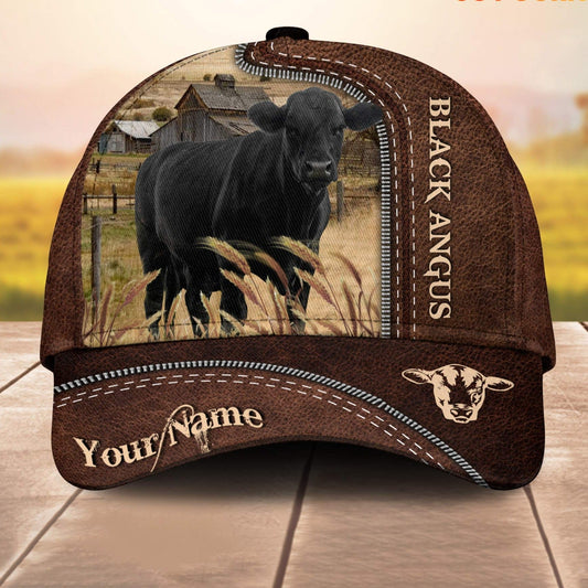 Black Angus Customized Name Leather Paern 3D Cap 3D All Over Print Baseball Cap, Cap For Farm Lovers, Animal Cap, Leather Pattern Cap CA3122