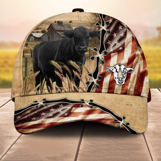 Black Angus American Flag Custom Name Retro 3D Cap 3D All Over Print Baseball Cap, Cap For Farm Lovers, Animal Cap, Leather Pattern Cap CA3060