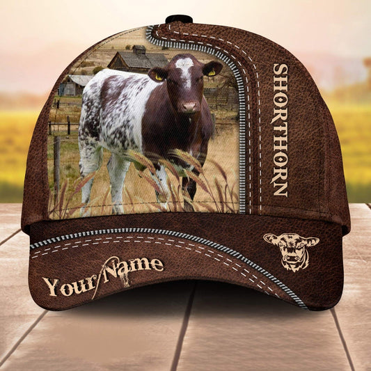 Shorthorn Customized Name Leather Paern 3D Cap 3D All Over Print Baseball Cap, Cap For Farm Lovers, Animal Cap, Leather Pattern Cap CA3132