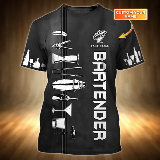 Black Bartender T Shirt, Personalized Name 3D Full Printed Bartender Shirts Short Sleeve TO0929