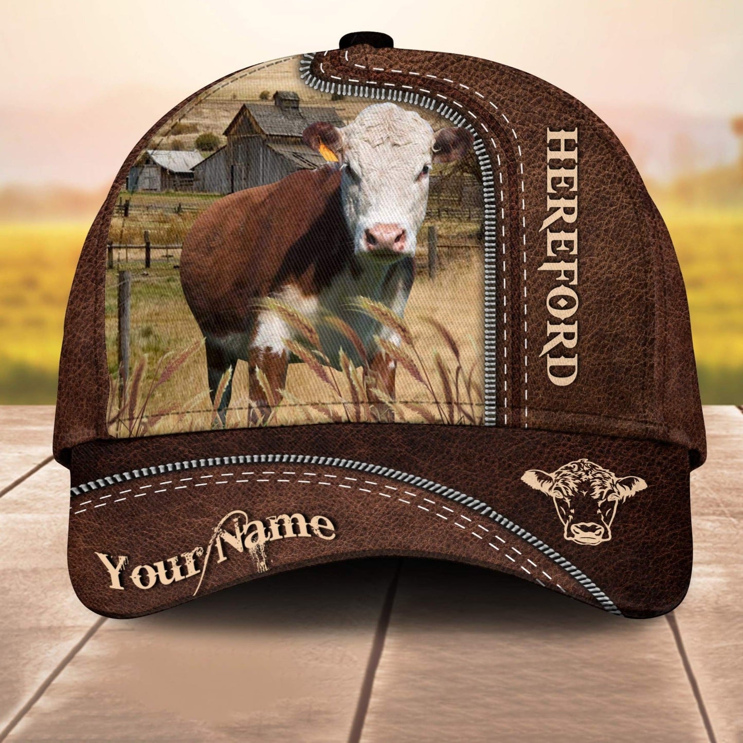 Hereford Customized Name Leather Pattern 3D Cap 3D All Over Print Baseball Cap, Cap For Farm Lovers, Animal Cap, Leather Pattern Cap CA3126