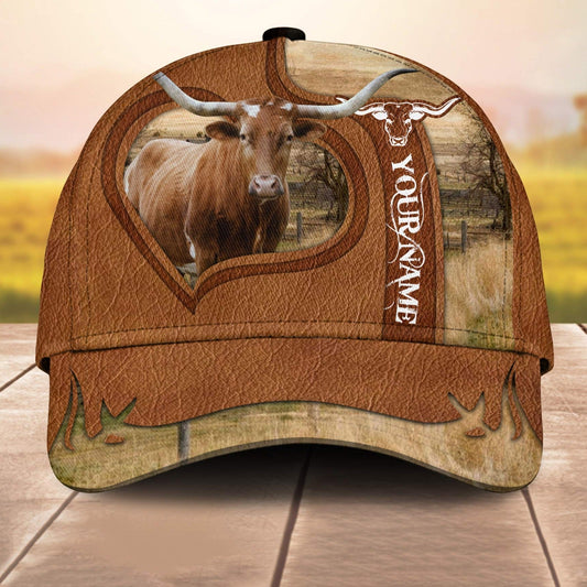 Texas Longhorn Custom Name Heart 3D Cap 3D All Over Print Baseball Cap, Cap For Farm Lovers, Animal Cap, Leather Pattern Cap CA3083