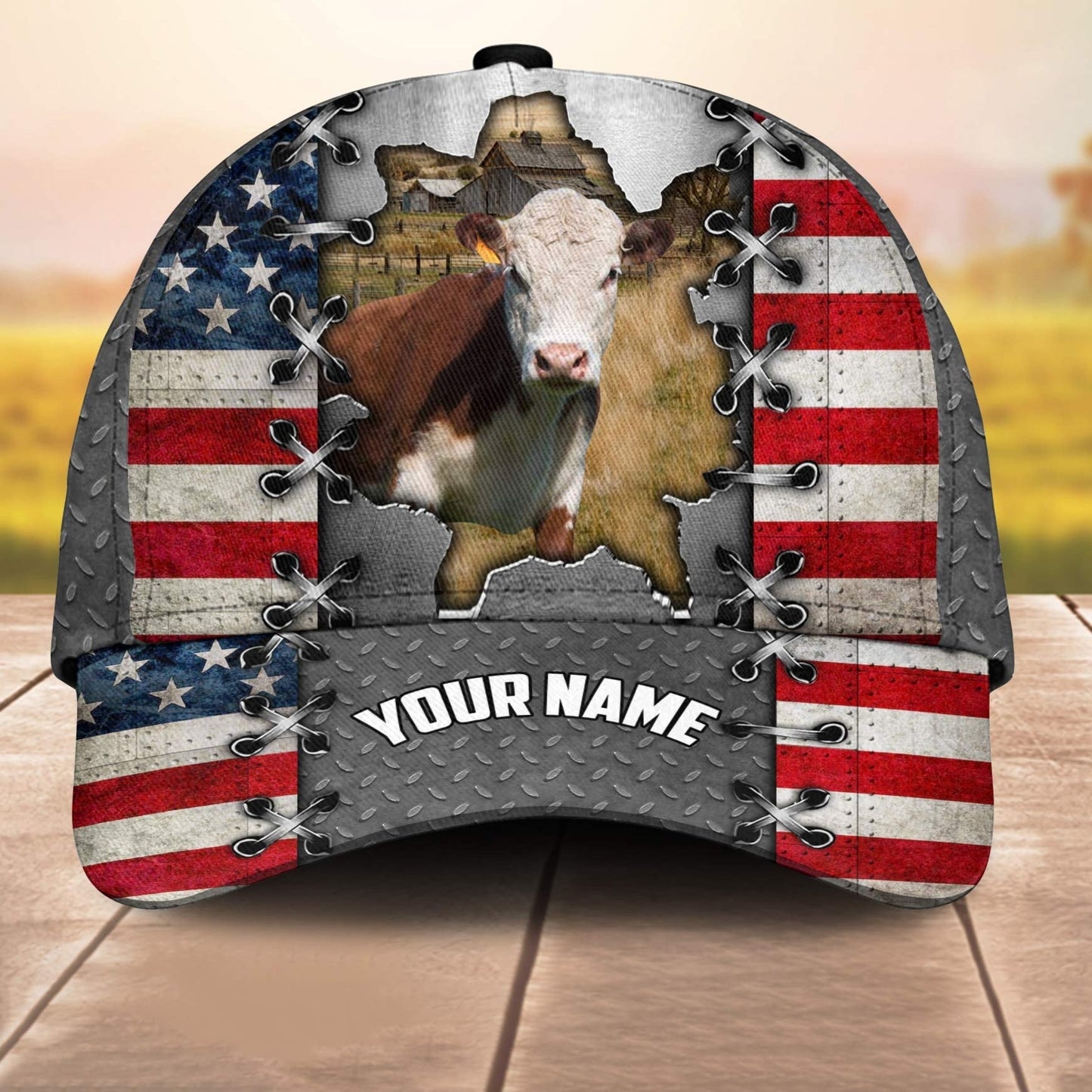 Hereford Customized Name Us Flag 3D Cap 3D All Over Print Baseball Cap, Cap For Farm Lovers, Animal Cap, Leather Pattern Cap CA3167