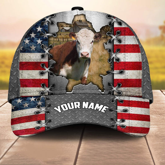 Hereford Customized Name Us Flag 3D Cap 3D All Over Print Baseball Cap, Cap For Farm Lovers, Animal Cap, Leather Pattern Cap CA3167