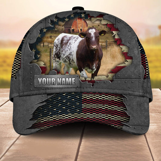 Shorthorn Customized Name Us Flag Net 3D Cap 3D All Over Print Baseball Cap, Cap For Farm Lovers, Animal Cap, Leather Pattern Cap CA3112