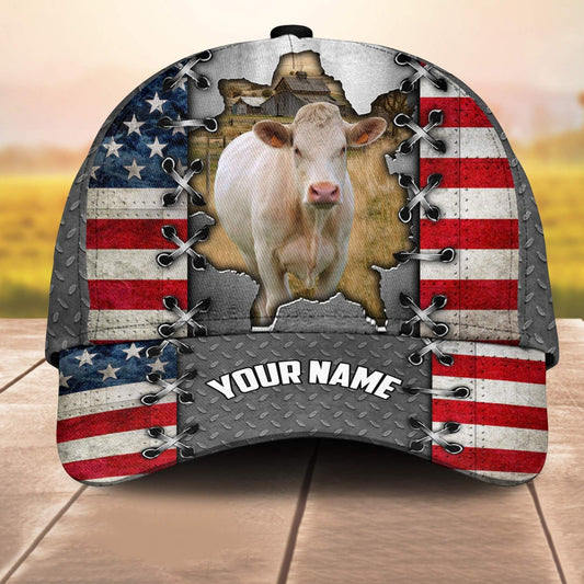 Charolais Customized Name Us Flag 3D Cap 3D All Over Print Baseball Cap, Cap For Farm Lovers, Animal Cap, Leather Pattern Cap CA3166