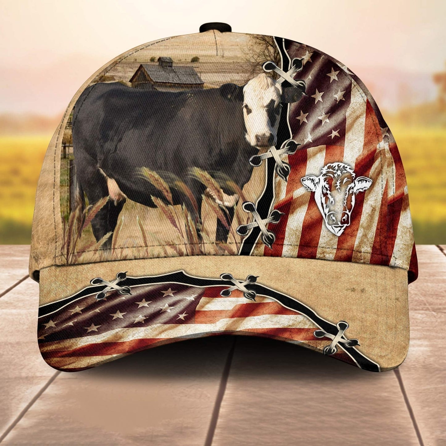 Black Hereford American Flag Custom Name Retro 3D Cap 3D All Over Print Baseball Cap, Cap For Farm Lovers, Animal Cap, Leather Pattern Cap CA3067