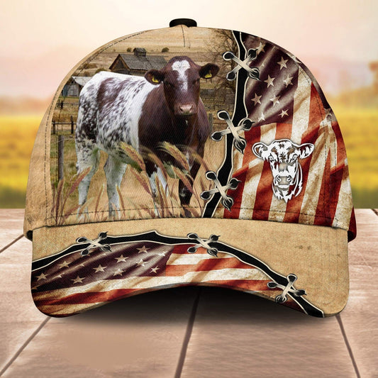 Shorthorn American Flag Custom Name Retro 3D Cap 3D All Over Print Baseball Cap, Cap For Farm Lovers, Animal Cap, Leather Pattern Cap CA3068