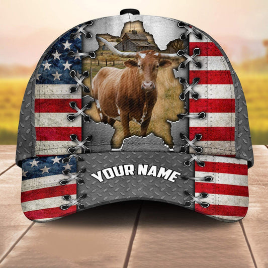Texas Longhorn Customized Name Us Flag 3D Cap 3D All Over Print Baseball Cap, Cap For Farm Lovers, Animal Cap, Leather Pattern Cap CA3168