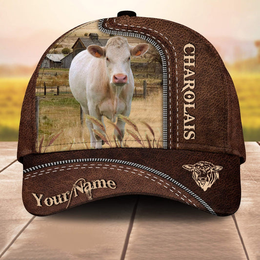 Charolais No Horn Customized Name Leather Paern 3D Cap 3D All Over Print Baseball Cap, Cap For Farm Lovers, Animal Cap, Leather Pattern Cap CA3156