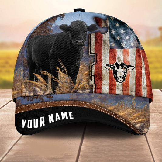 Custom Name Black Angus Anerican Cale 3D Cap 3D All Over Print Baseball Cap, Cap For Farm Lovers, Animal Cap, Leather Pattern Cap CA3231