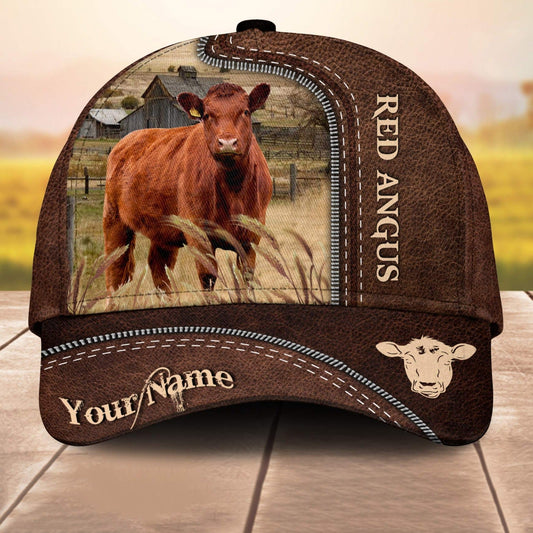 Red Angus Customized Name Leather Paern 3D Cap 3D All Over Print Baseball Cap, Cap For Farm Lovers, Animal Cap, Leather Pattern Cap CA3148