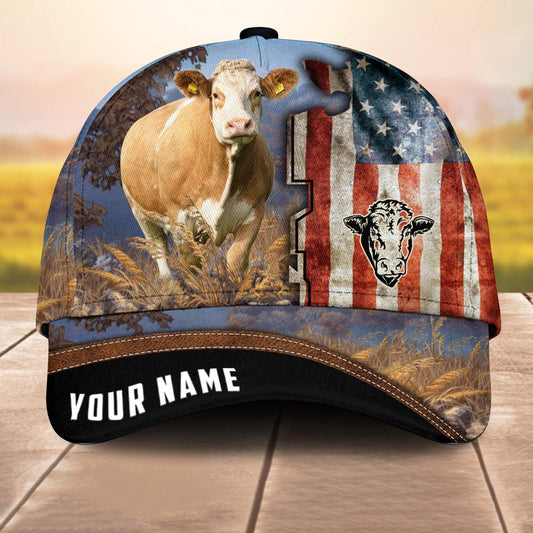 Custom Name Simmental American Cale 3D Cap 3D All Over Print Baseball Cap, Cap For Farm Lovers, Animal Cap, Leather Pattern Cap CA3238