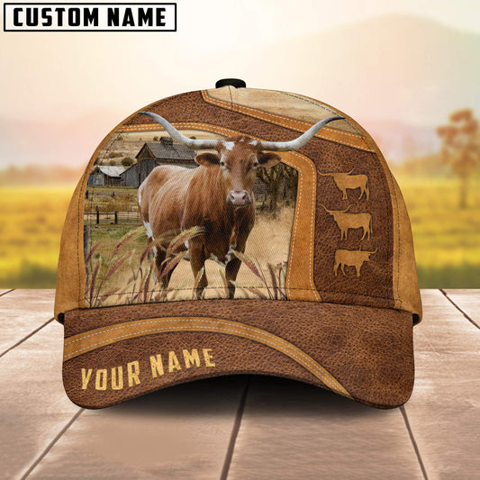 Texas Longhorn On The Farm Custom Name 3D Cap 3D All Over Print Baseball Cap, Cap For Farm Lovers, Animal Cap, Leather Pattern Cap CA3052