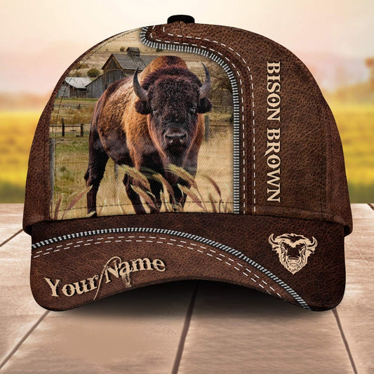 Bison Brown Customized Name Leather Paern 3D Cap 3D All Over Print Baseball Cap, Cap For Farm Lovers, Animal Cap, Leather Pattern Cap CA0017