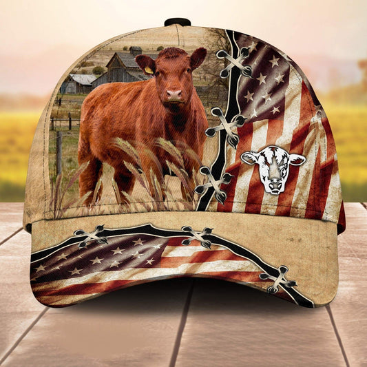 Red Angus American Flag Custom Name Retro 3D Cap 3D All Over Print Baseball Cap, Cap For Farm Lovers, Animal Cap, Leather Pattern Cap CA3061