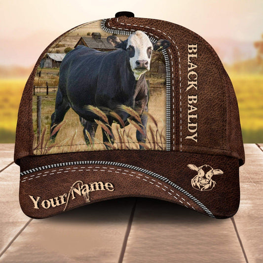 Black Baldy Customized Name Leather Paern 3D Cap 3D All Over Print Baseball Cap, Cap For Farm Lovers, Animal Cap, Leather Pattern Cap CA3129