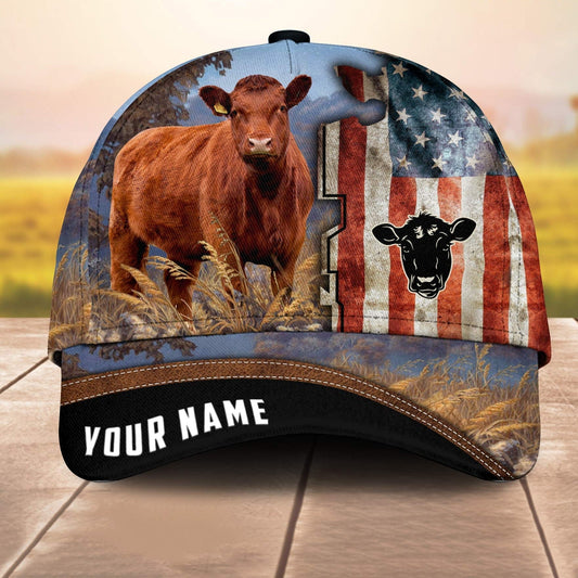 Custom Name Red Angus American Cale 3D Cap 3D All Over Print Baseball Cap, Cap For Farm Lovers, Animal Cap, Leather Pattern Cap CA3235