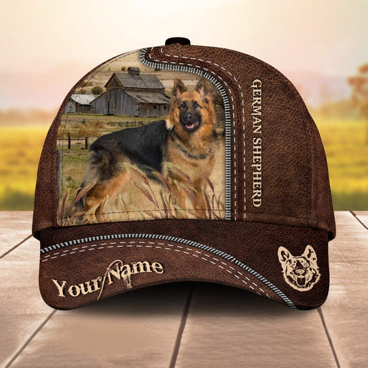 German Shepherd Customized Name Leather Pattern 3D Cap 3D All Over Print Baseball Cap, Cap For Farm Lovers, Animal Cap, Leather Pattern Cap CA3141