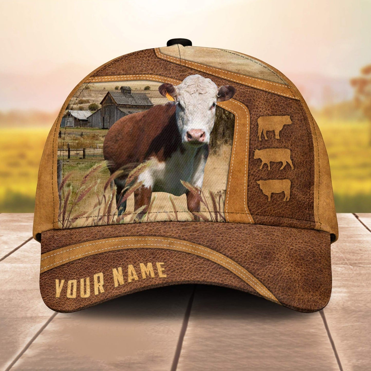 Hereford On The Farm Custom Name 3D Cap 3D All Over Print Baseball Cap, Cap For Farm Lovers, Animal Cap, Leather Pattern Cap CA3054