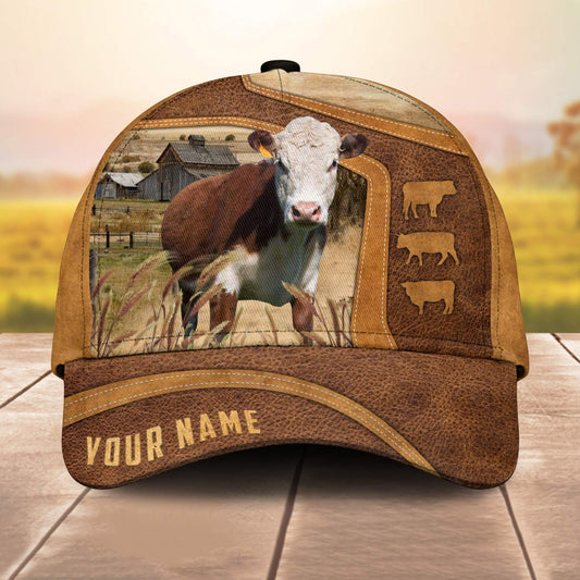 Hereford On The Farm Custom Name 3D Cap 3D All Over Print Baseball Cap, Cap For Farm Lovers, Animal Cap, Leather Pattern Cap CA3054
