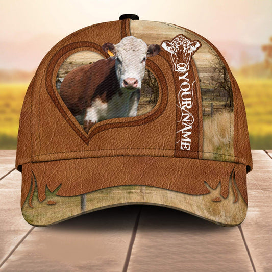 Hereford Custom Name Heart 3D Cap 3D All Over Print Baseball Cap, Cap For Farm Lovers, Animal Cap, Leather Pattern Cap CA3085