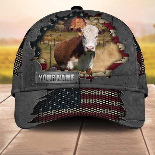 Hereford Customized Name Us Flag Net 3D Cap 3D All Over Print Baseball Cap, Cap For Farm Lovers, Animal Cap, Leather Pattern Cap CA3106