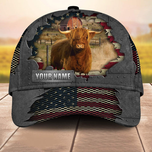 Highland Customized Name Us Flag Net 3D Cap 3D All Over Print Baseball Cap, Cap For Farm Lovers, Animal Cap, Leather Pattern Cap CA3107
