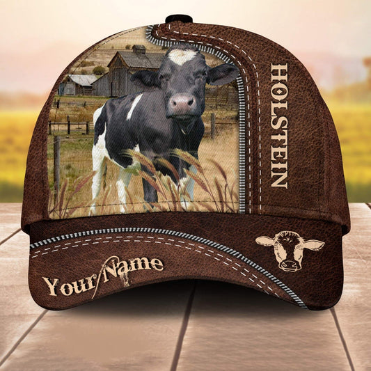 Holstein Customized Name Leather Pattern 3D Cap 3D All Over Print Baseball Cap, Cap For Farm Lovers, Animal Cap, Leather Pattern Cap CA3124