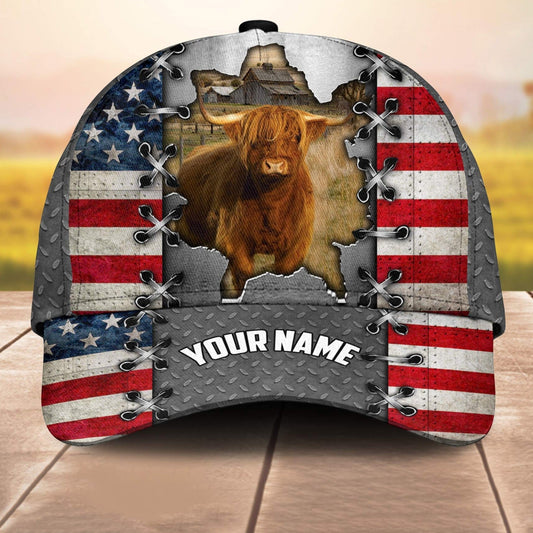 Highland Customized Name Us Flag 3D Cap 3D All Over Print Baseball Cap, Cap For Farm Lovers, Animal Cap, Leather Pattern Cap CA3164