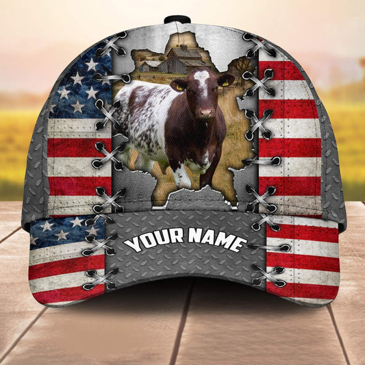 Shorthorn Customized Name Us Flag 3D Cap 3D All Over Print Baseball Cap, Cap For Farm Lovers, Animal Cap, Leather Pattern Cap CA3174