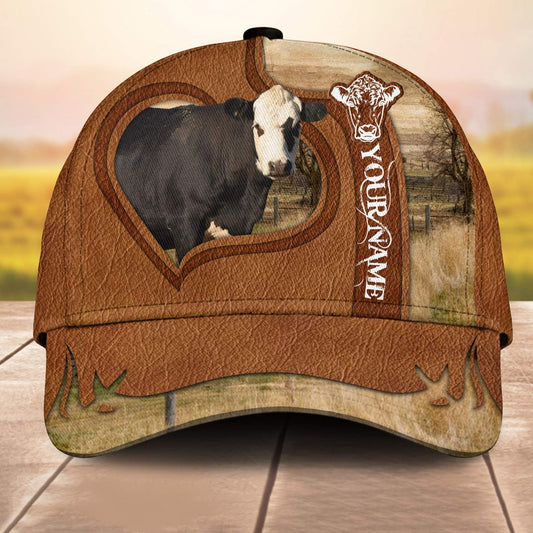Black Hereford Custom Name Heart 3D Cap 3D All Over Print Baseball Cap, Cap For Farm Lovers, Animal Cap, Leather Pattern Cap CA3088
