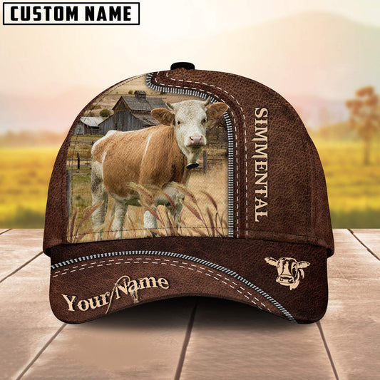 Simmental Customized Name Leather Paern 3D Cap 3D All Over Print Baseball Cap, Cap For Farm Lovers, Animal Cap, Leather Pattern Cap CA3134
