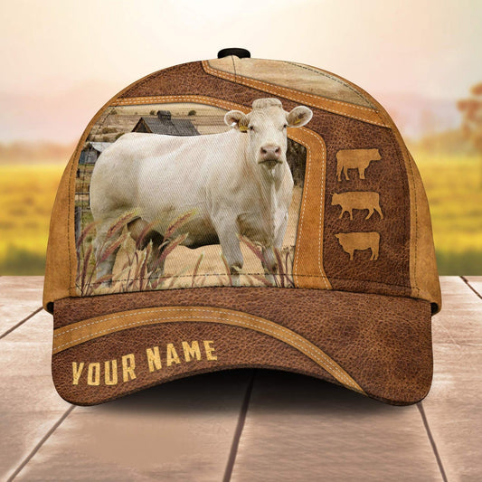 Charolais On The Farm Custom Name 3D Cap 3D All Over Print Baseball Cap, Cap For Farm Lovers, Animal Cap, Leather Pattern Cap CA3055