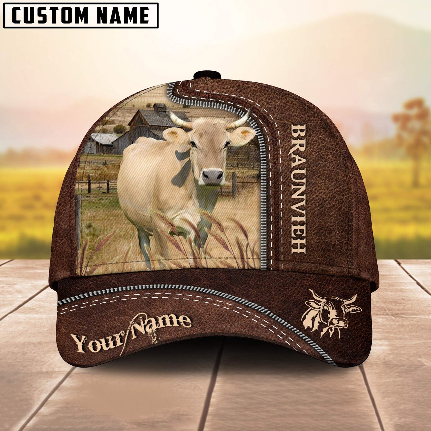 Braunvieh Customized Name Leather Paern 3D Cap 3D All Over Print Baseball Cap, Cap For Farm Lovers, Animal Cap, Leather Pattern Cap CA3138