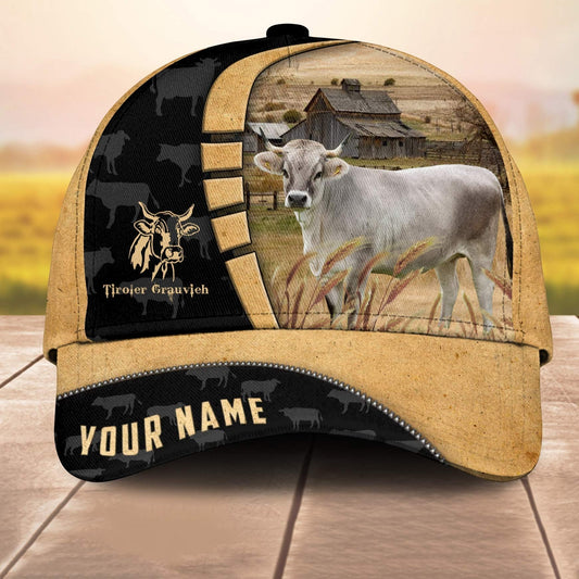 Farm Tiroler Grauvieh Custom Name Retro 3D Cap 3D All Over Print Baseball Cap, Cap For Farm Lovers, Animal Cap, Leather Pattern Cap CA3101