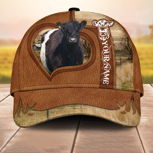Belted Galloway Custom Name Heart 3D Cap 3D All Over Print Baseball Cap, Cap For Farm Lovers, Animal Cap, Leather Pattern Cap CA3086