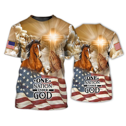 American Horse All Over Print 3D T Shirt, One Nation Under God Patriotic 4Th Of July 3D Hawaiian Shirt TO0218