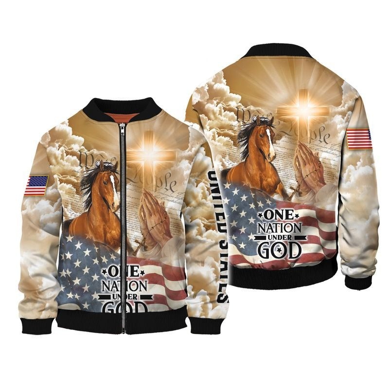 American Horse All Over Print 3D T Shirt, One Nation Under God Patriotic 4Th Of July 3D Hawaiian Shirt TO0218