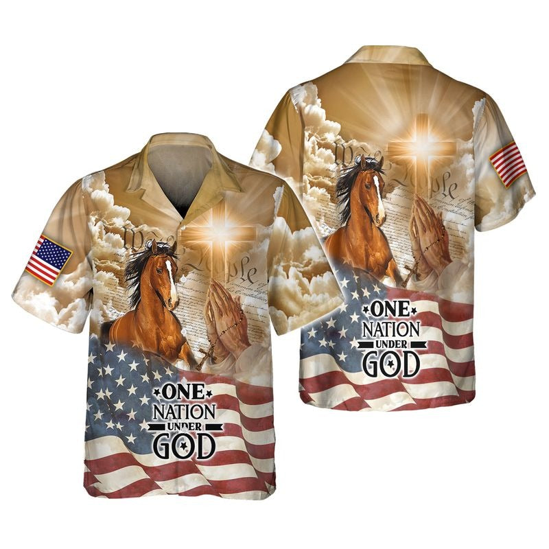 American Horse All Over Print 3D T Shirt, One Nation Under God Patriotic 4Th Of July 3D Hawaiian Shirt TO0218