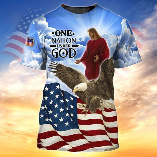 Jesus And Eagle One Nation Under God 3D Full Print Hoodie, 4Th July Independence Day 3D Tee Shirt, Patriotic 3D Bomber TO0211