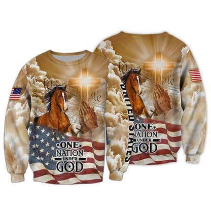 American Horse All Over Print 3D T Shirt, One Nation Under God Patriotic 4Th Of July 3D Hawaiian Shirt TO0218