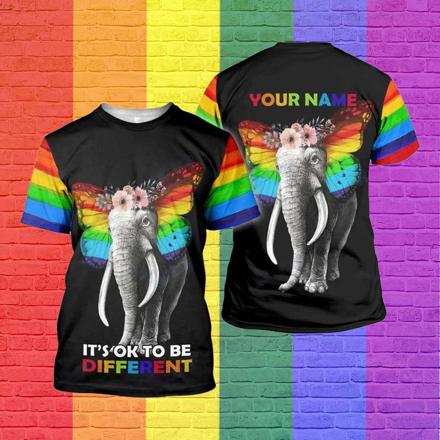 Personalized 3D Pride Shirt, Lgbt It's Ok To Be Different Rainbow Color Butterfly Ear Elephant 3D Shirt LO0889