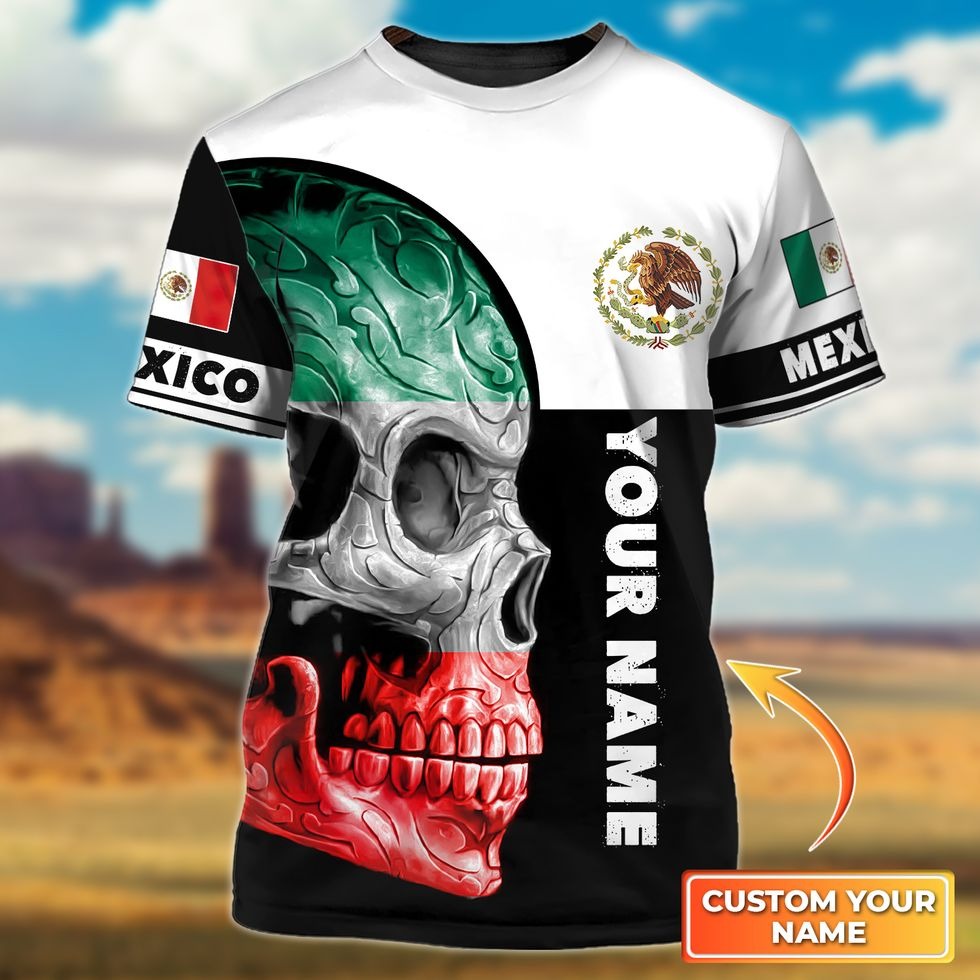 Customized Skull In Mexico Flag Pattern Shirts, Skull Mexico Tshirts For Men And Women, Golden Eagle Skull Mexico Tshirt TO0786