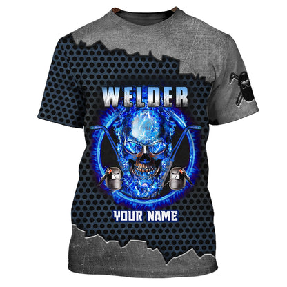 Grumpy Old Welder 3D Shirts Personalized Name, Skull On Blue Fire Welder Shirt TO3128