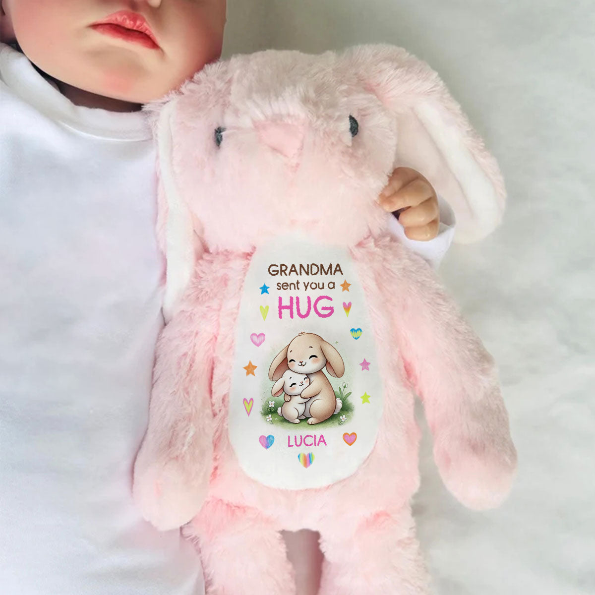 Grandma Sending You A Hug Personalized Stuffed Bunny, Personalized Grandma Hug Stuffed Bunny For Kid TD0014