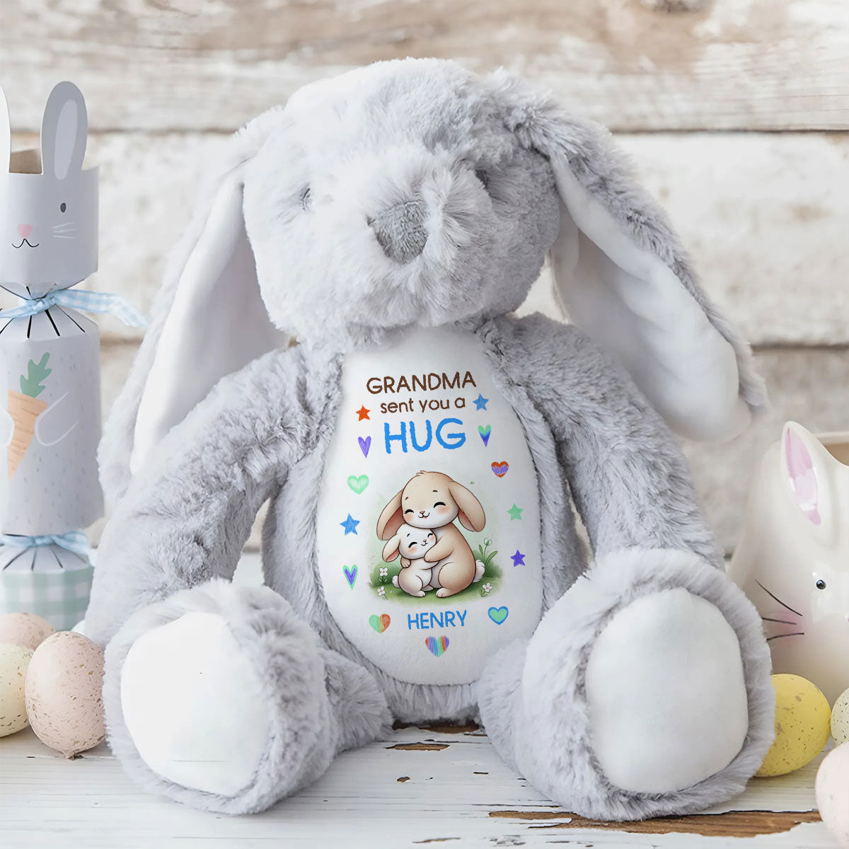 Grandma Sending You A Hug Personalized Stuffed Bunny, Personalized Grandma Hug Stuffed Bunny For Kid TD0014