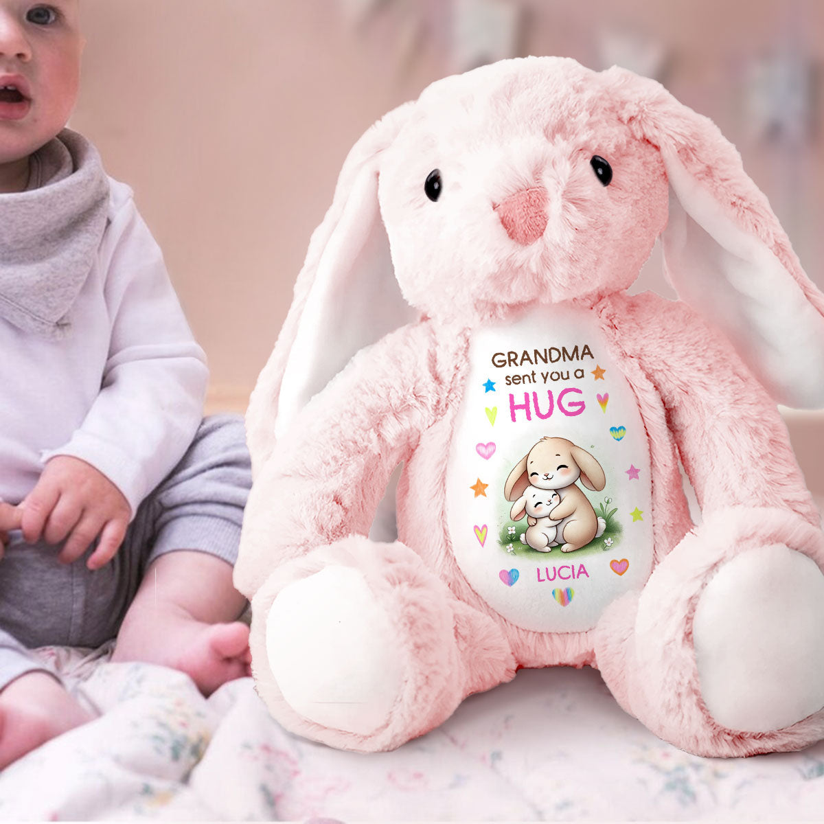Grandma Sending You A Hug Personalized Stuffed Bunny, Personalized Grandma Hug Stuffed Bunny For Kid TD0014